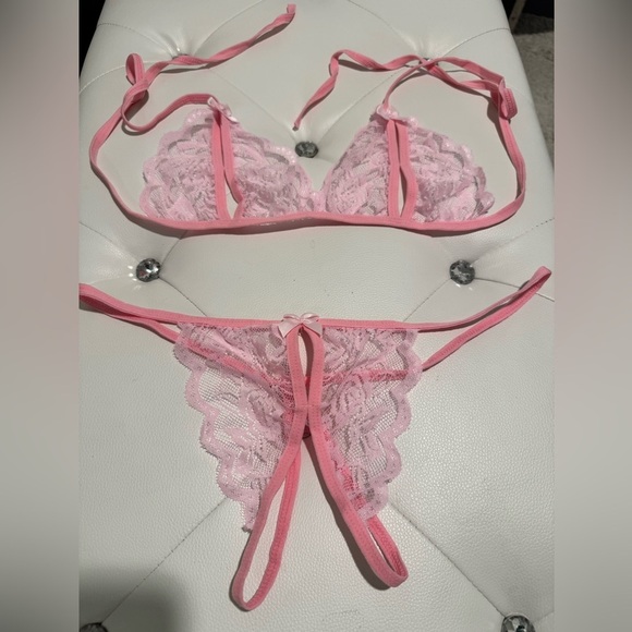 Pink Sexy Sheer Lingerie Lace Set Cut out Bra and Crotchless thong panties New - Picture 1 of 7